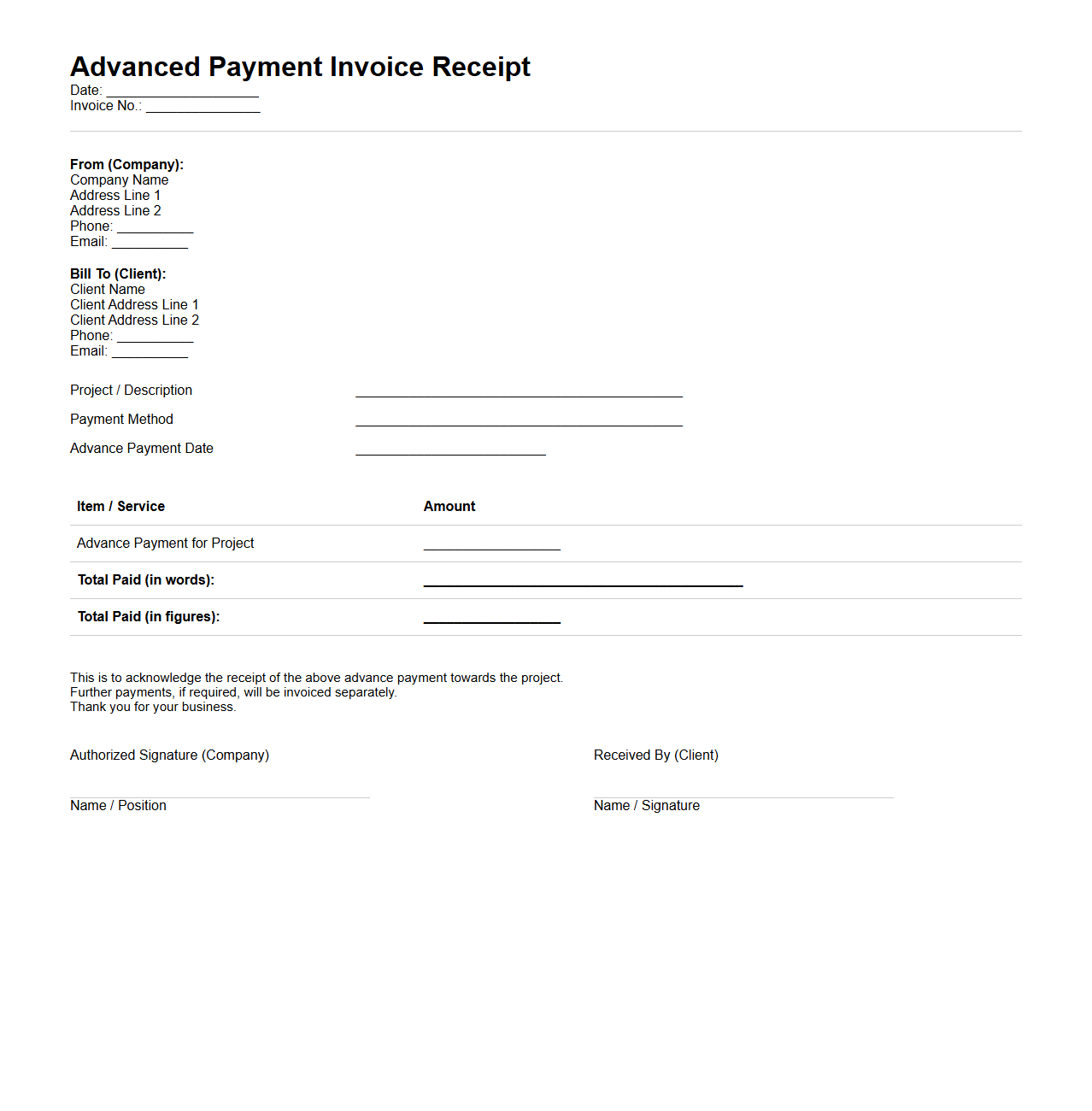 Advanced Payment Invoice Receipt Sample for Clients