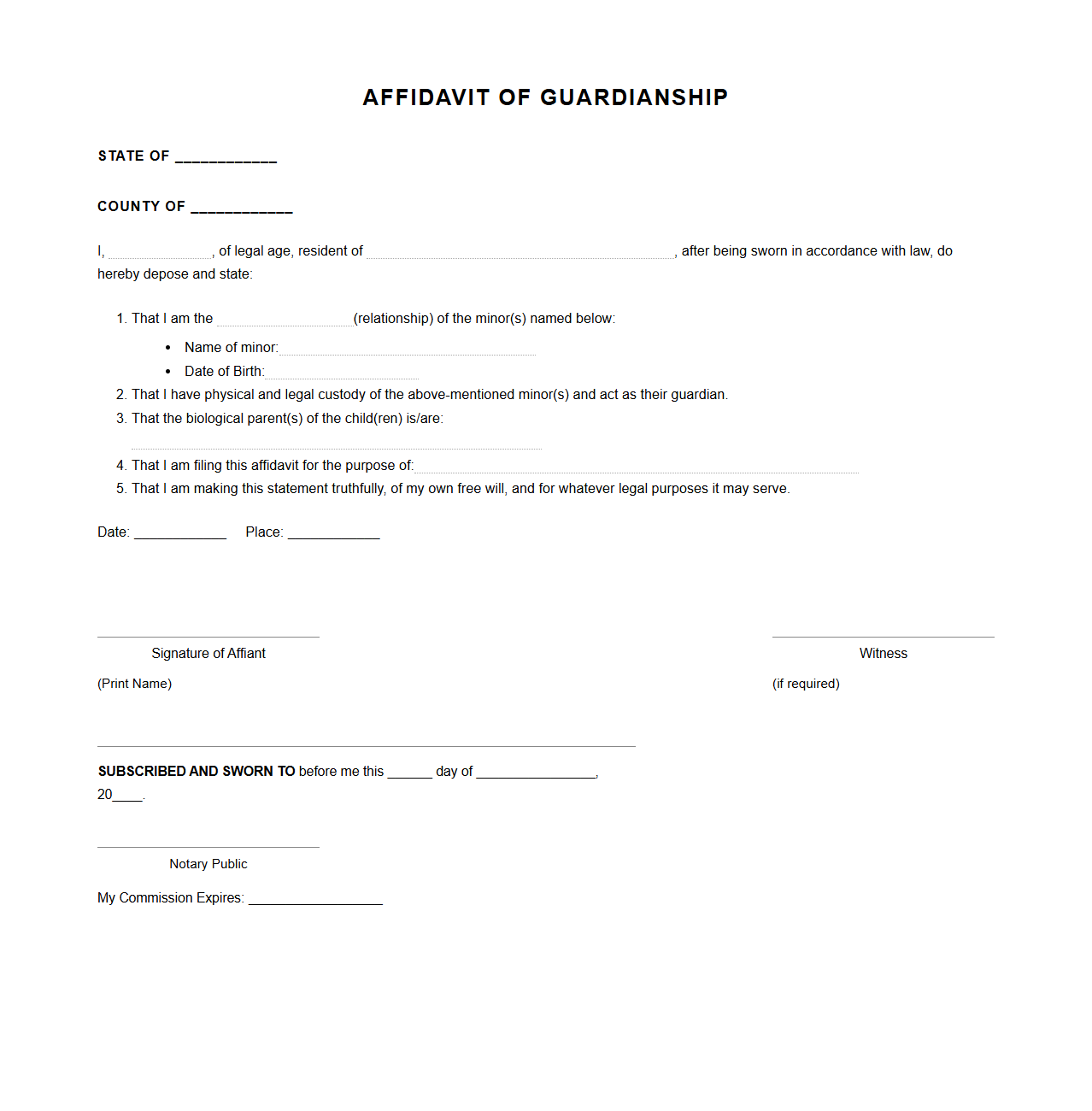 Affidavit of Guardianship for Legal Cases