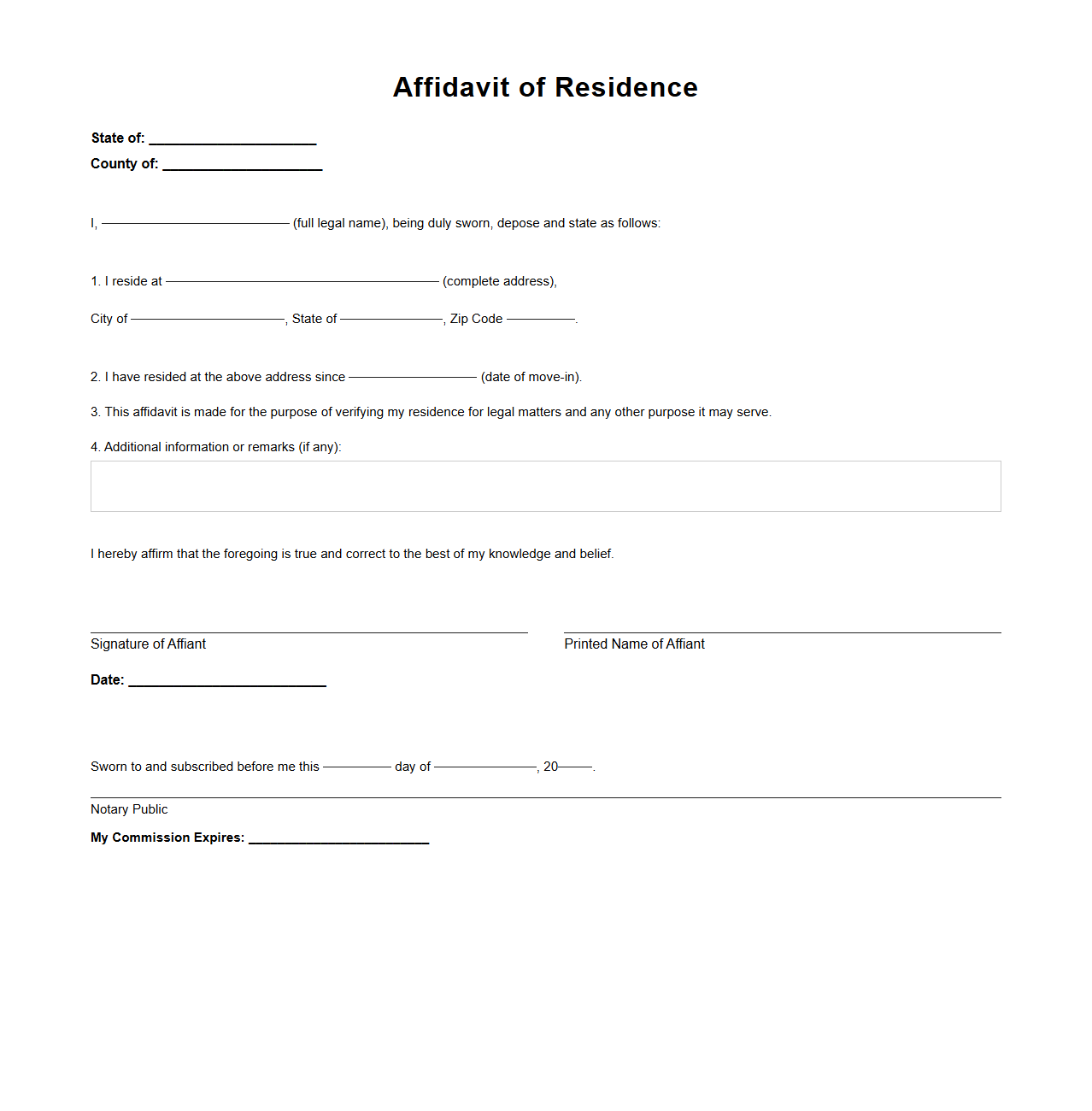 Affidavit of Residence for Legal Matters