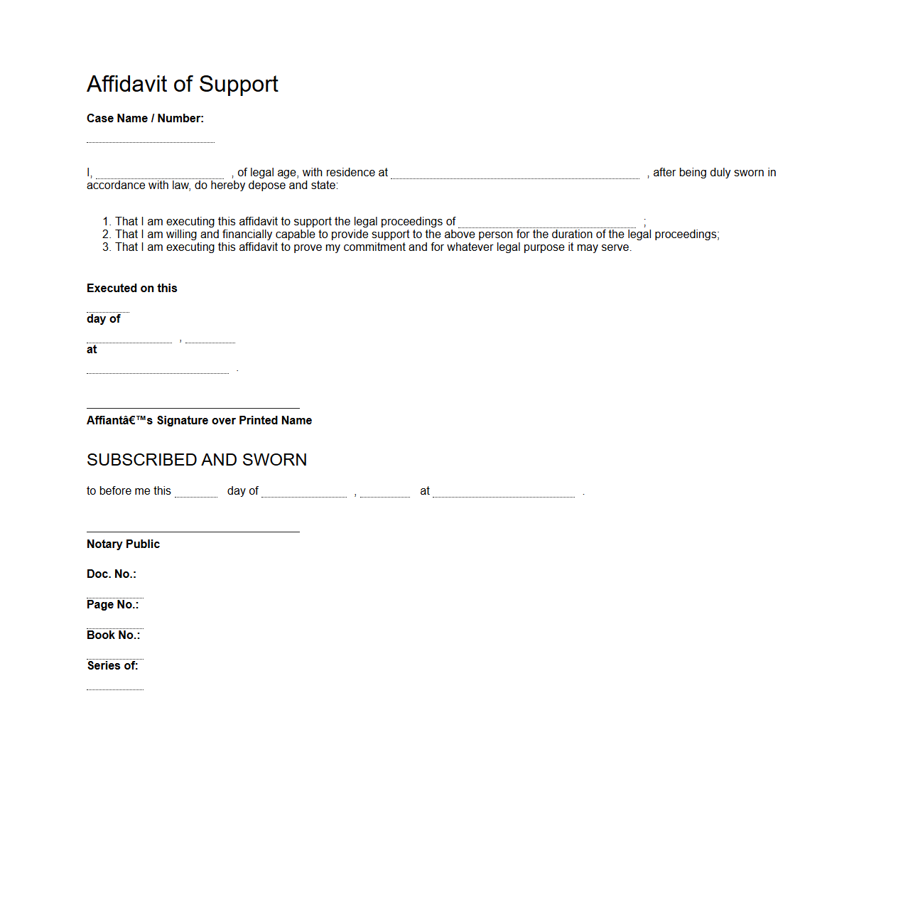 Affidavit of Support for Legal Cases