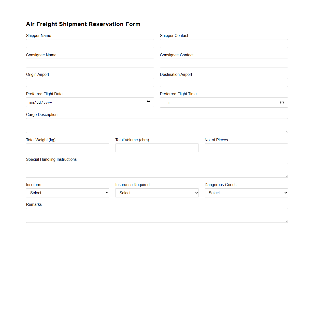 Air Freight Shipment Reservation Form Sample