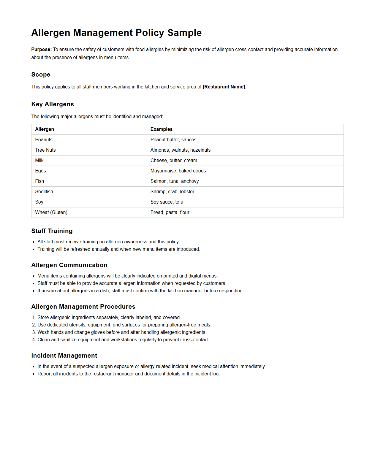 Allergen Management Policy Sample for Restaurant Kitchens