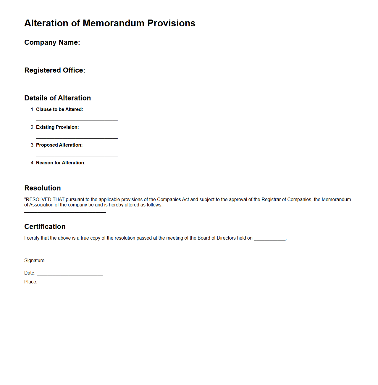 Alteration of Memorandum Provisions Sample