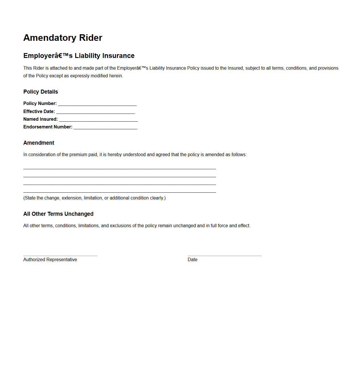 Amendatory Rider Template for Employer’s Liability Insurance
