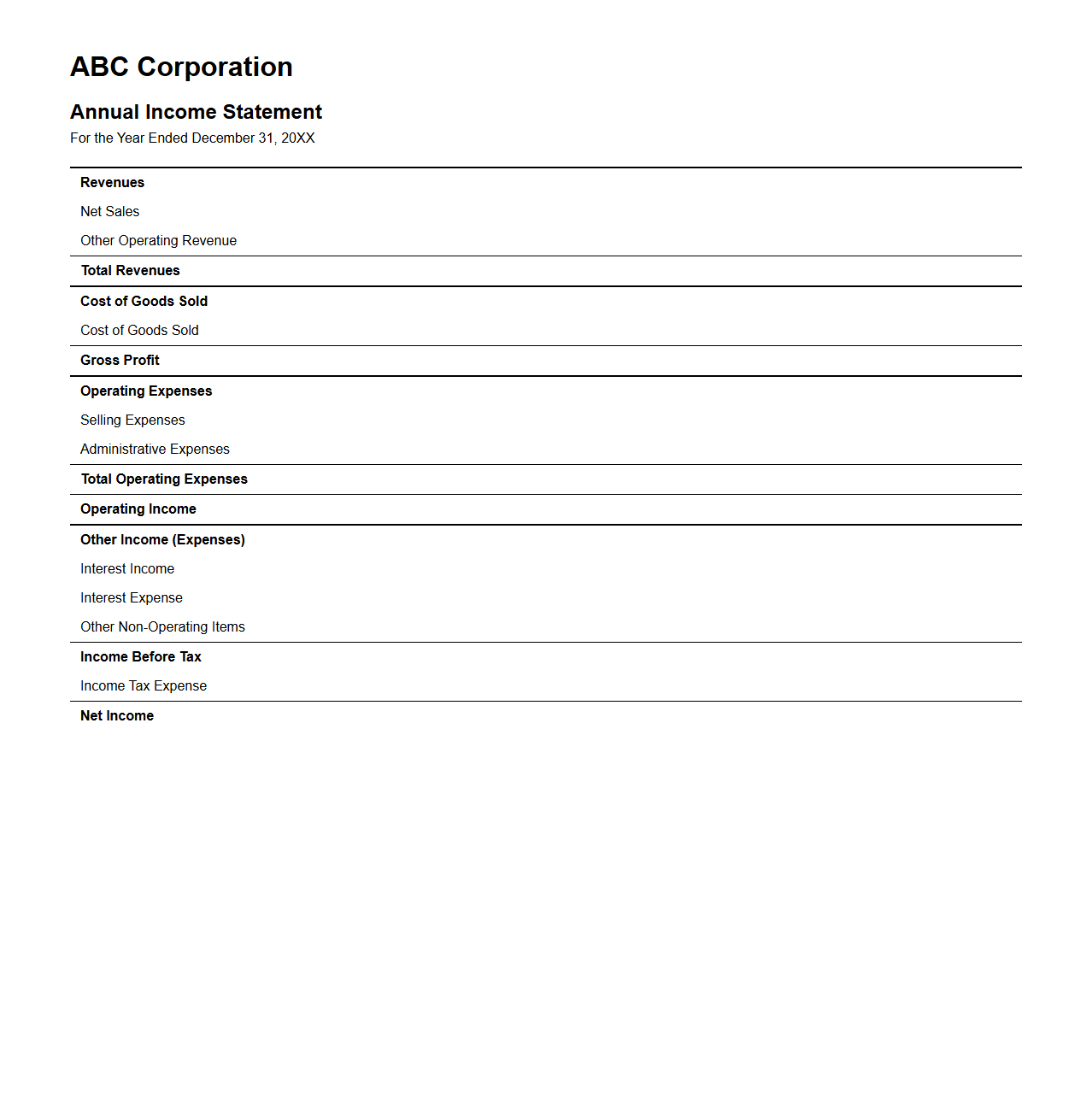 Annual Income Statement Format for Corporate Financial Analysis