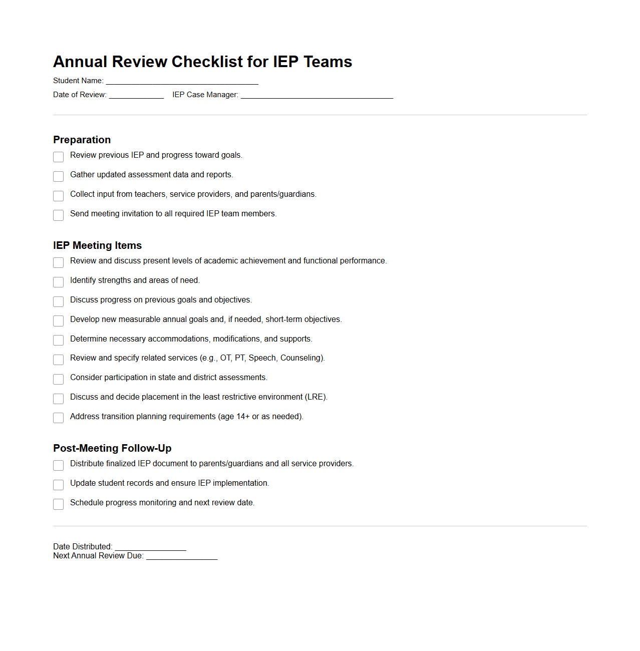 Annual Review Checklist for IEP Teams