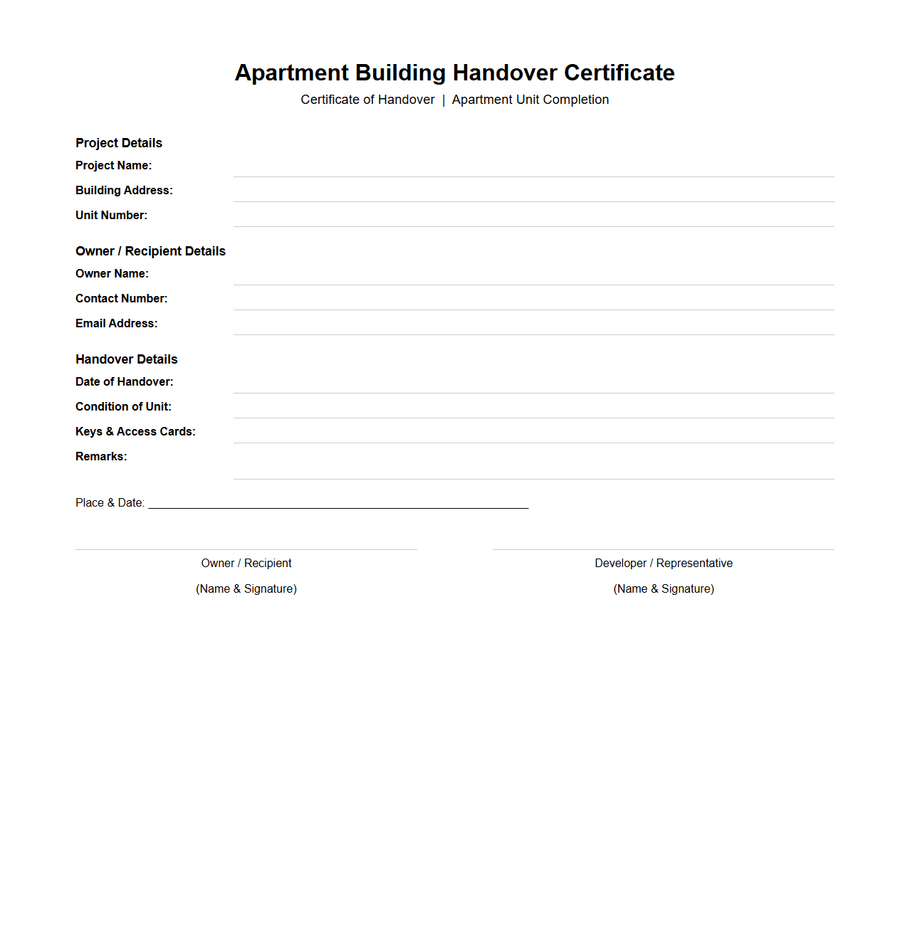 Apartment Building Handover Certificate Template