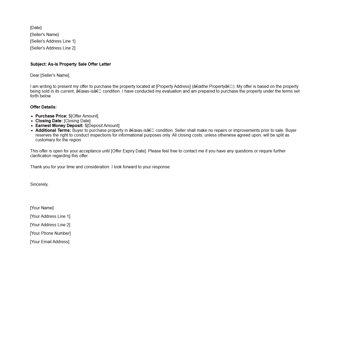 As-Is Property Sale Offer Letter