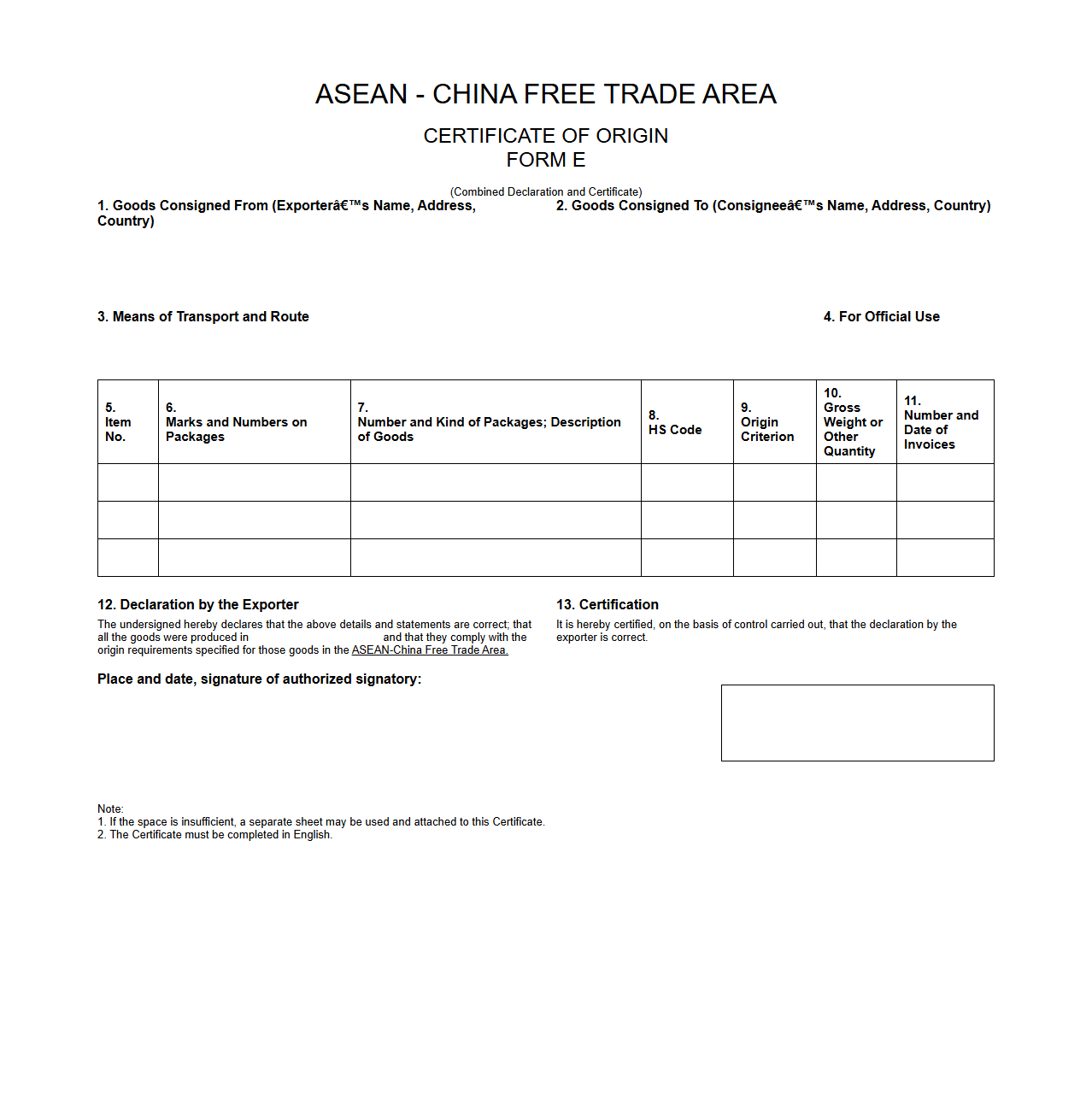 ASEAN Certificate of Origin Form E Sample