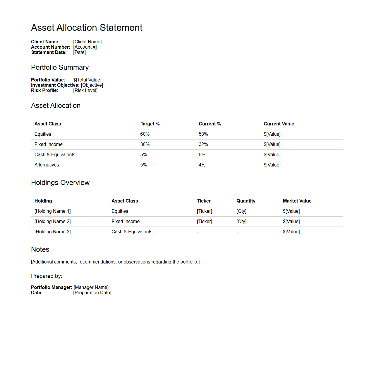 Asset Allocation Statement Example for Portfolio Managers