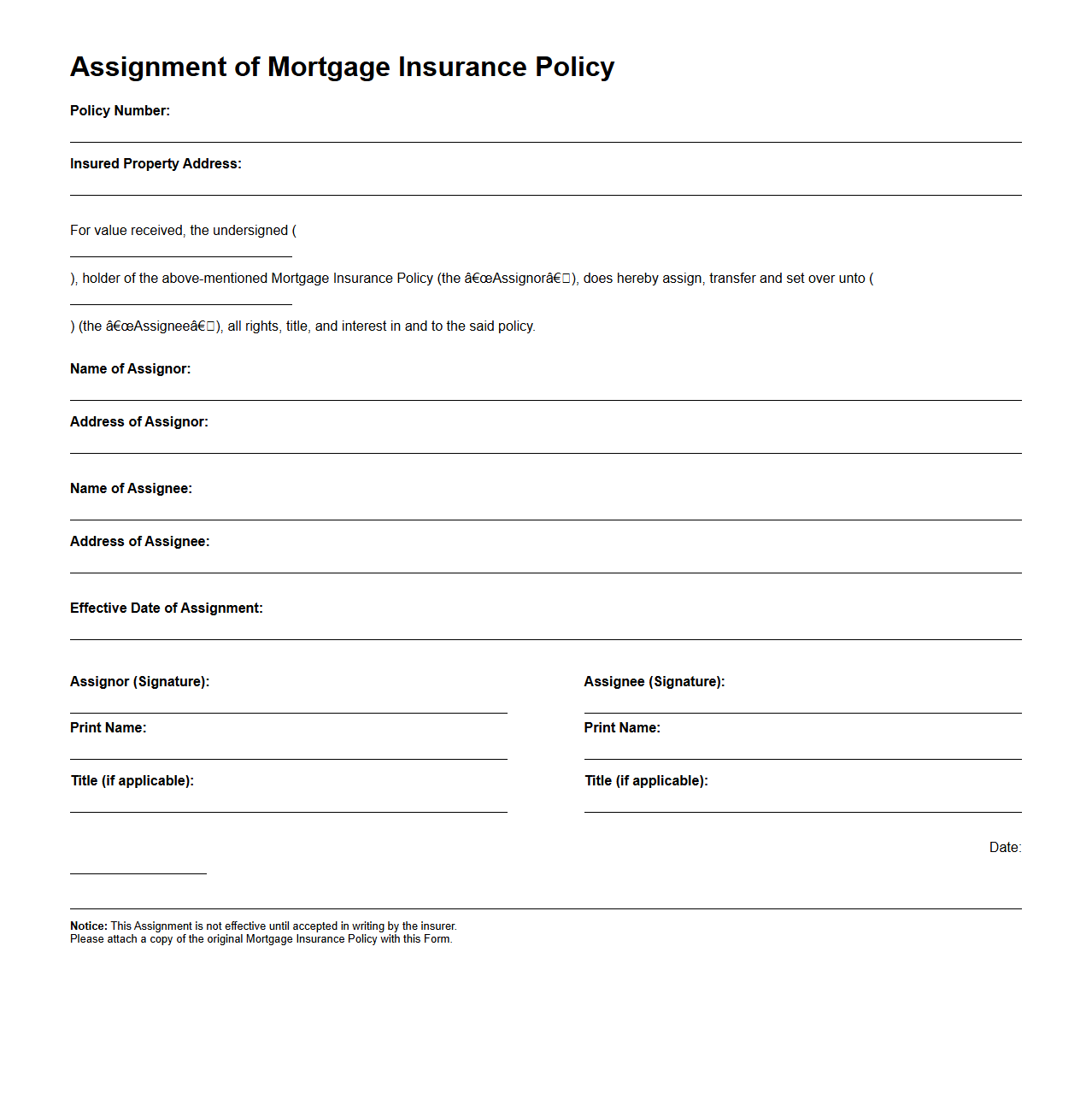 Assignment of Mortgage Insurance Policy Form