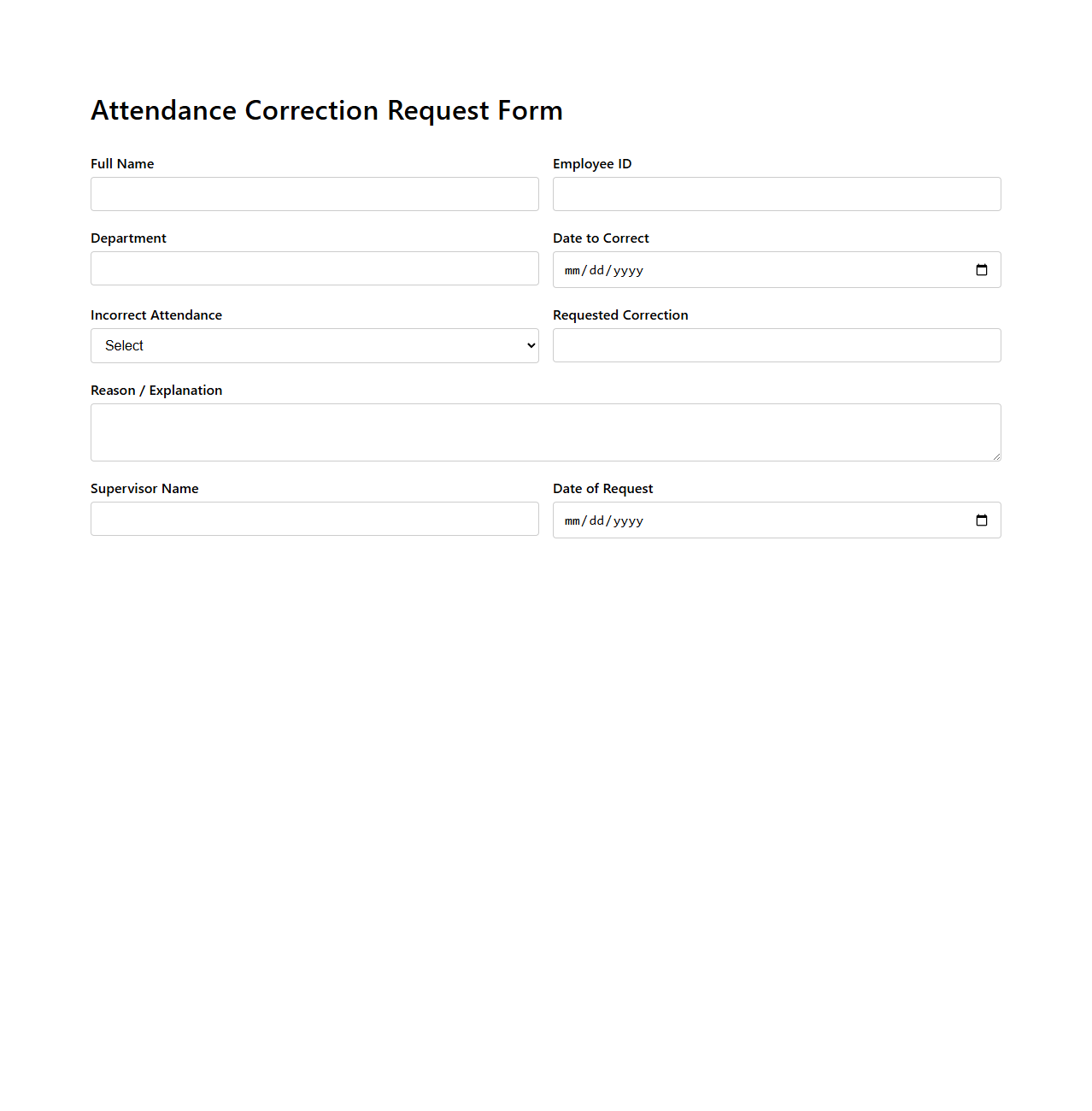 Attendance Correction Request Form