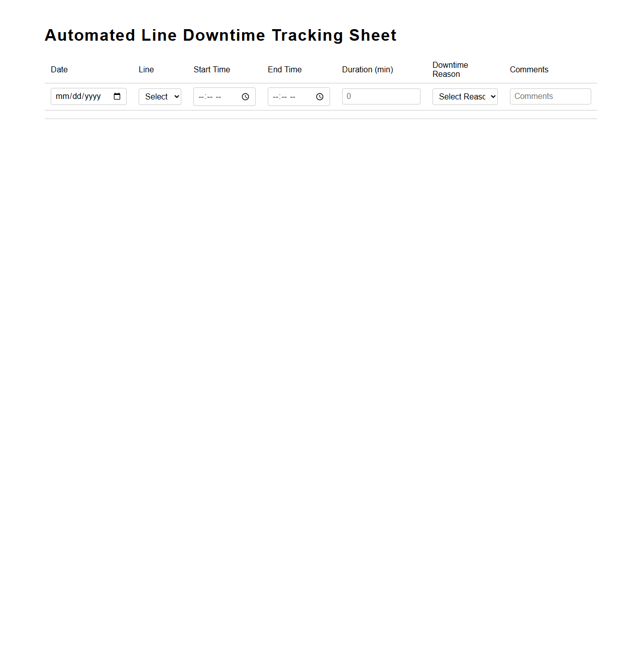 Automated Line Downtime Tracking Sheet