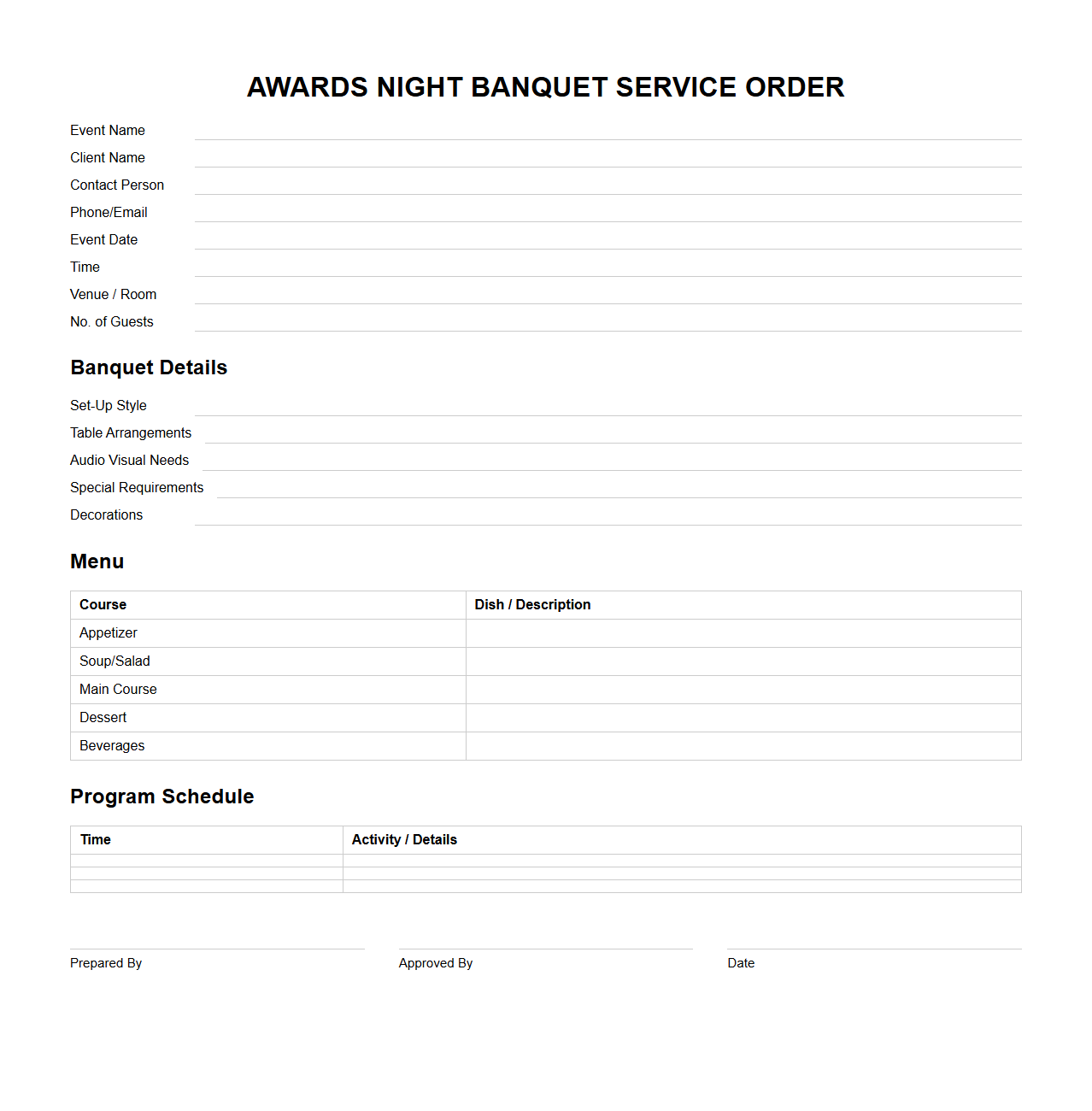 Awards Night Banquet Service Order