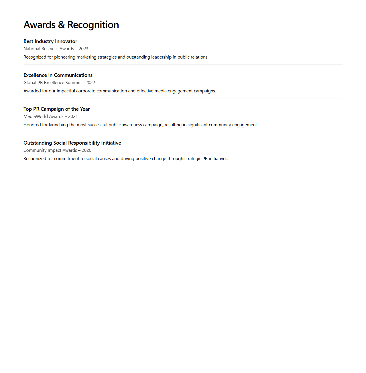 Awards and Recognition Page for Public Relations Kits
