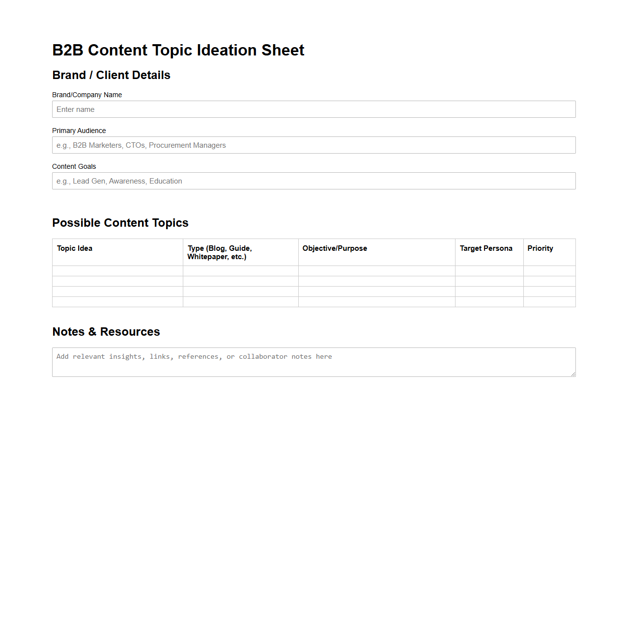 B2B Content Topic Ideation Sheet
