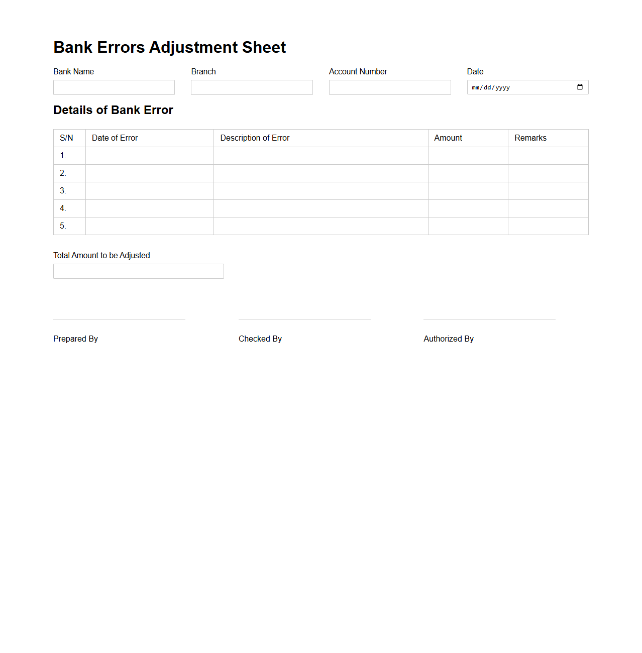 Bank Errors Adjustment Sheet Format