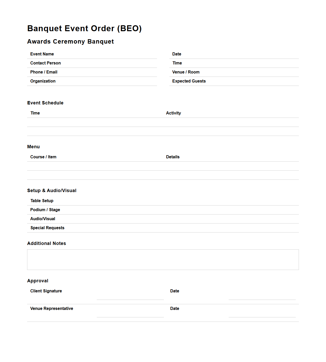 Banquet Event Order for Awards Ceremony Banquet