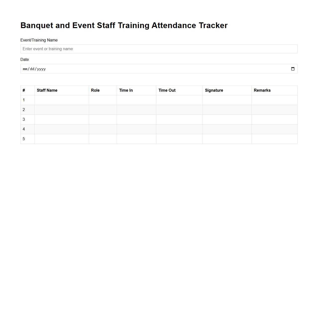Banquet and Event Staff Training Attendance Tracker