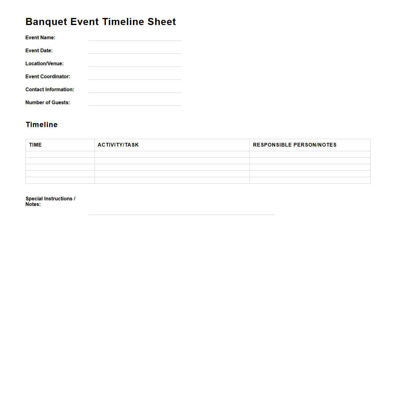 Banquet Event Timeline Sheet