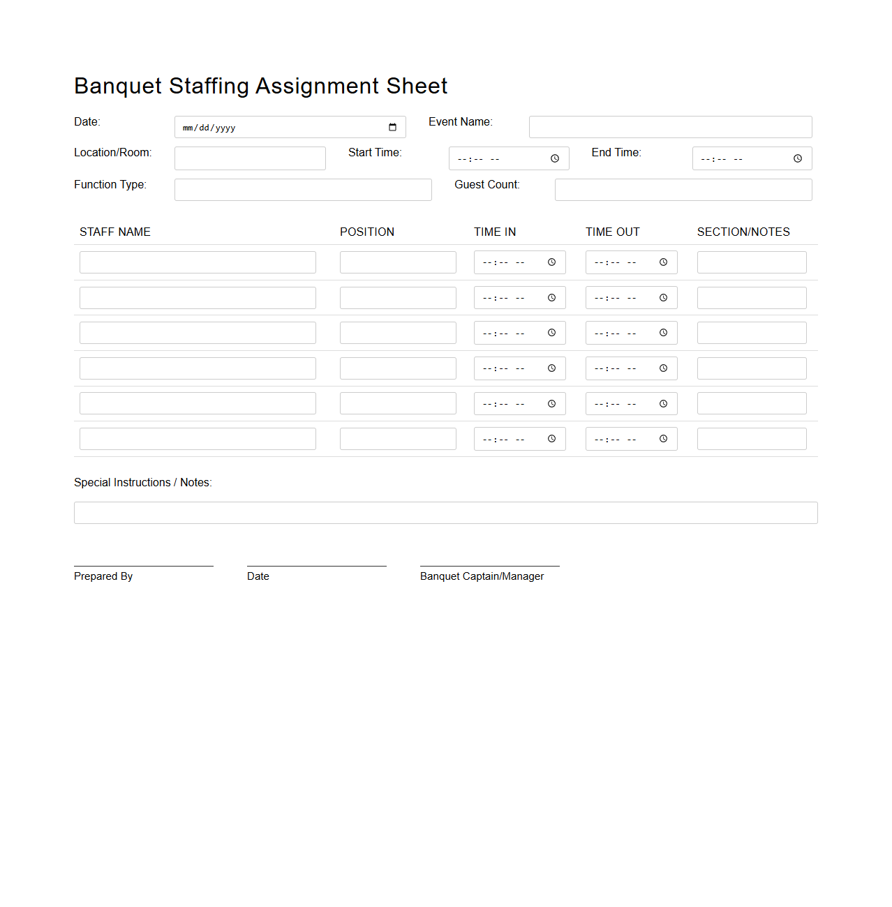 Banquet Staffing Assignment Sheet