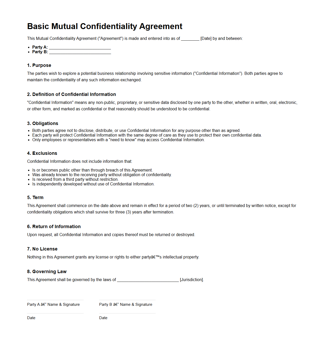 Basic Mutual Confidentiality Agreement for Sensitive Data