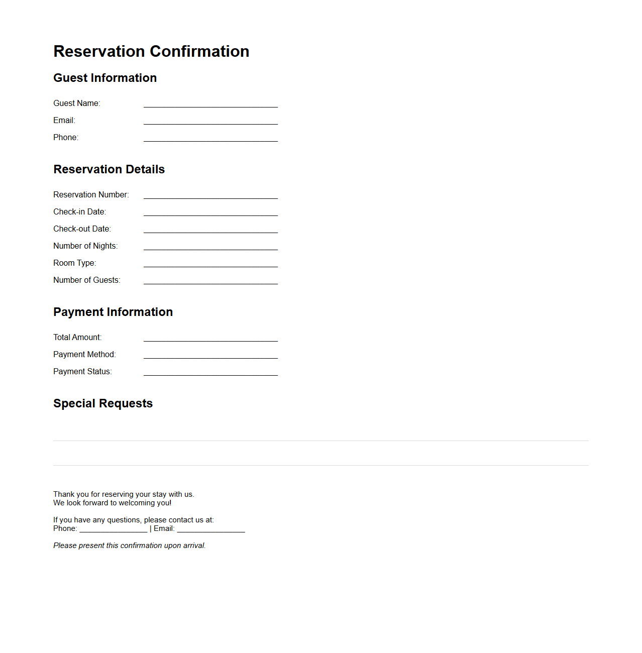 Bed and Breakfast Guest Reservation Confirmation Sample
