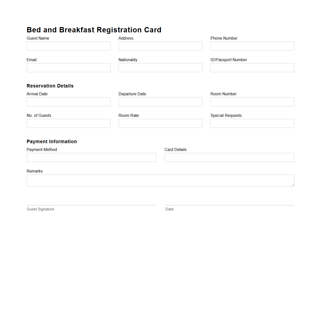 Bed and Breakfast Registration Card Sample