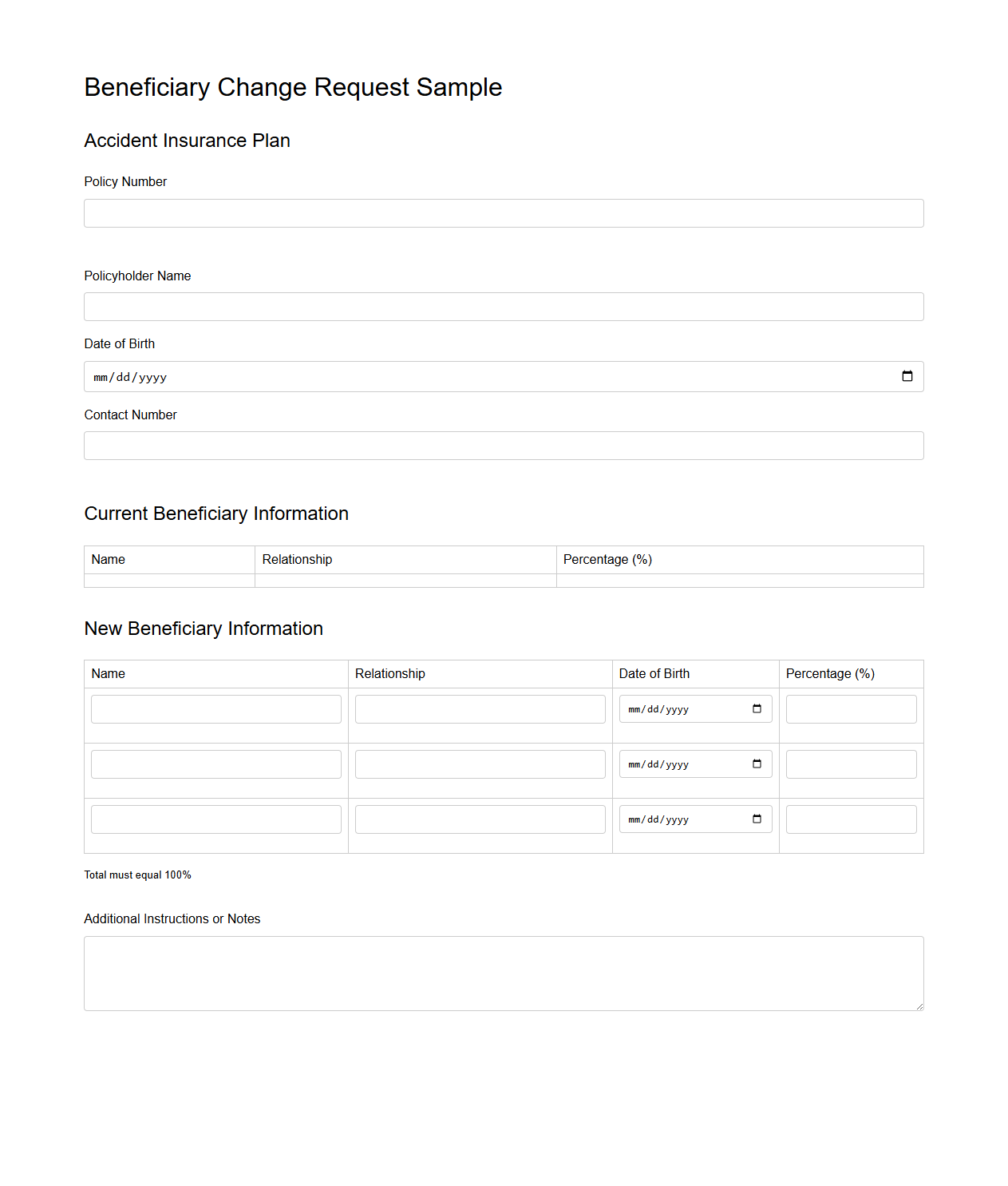 Beneficiary Change Request Sample for Accident Insurance Plan
