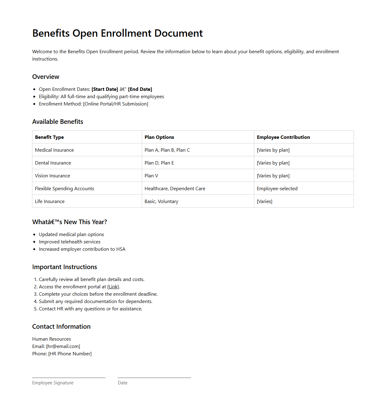 Benefits Open Enrollment Document for Employees