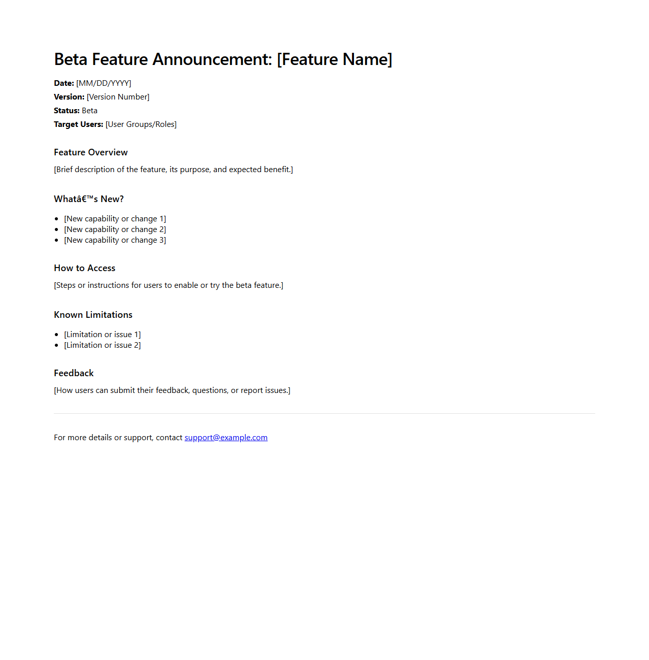 Beta Feature Announcement Notes Template for SaaS Platforms