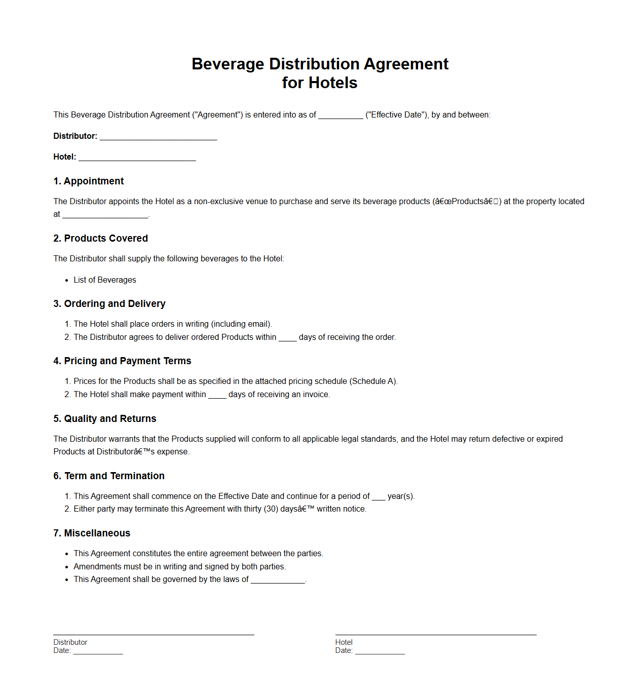 Beverage Distribution Agreement for Hotels