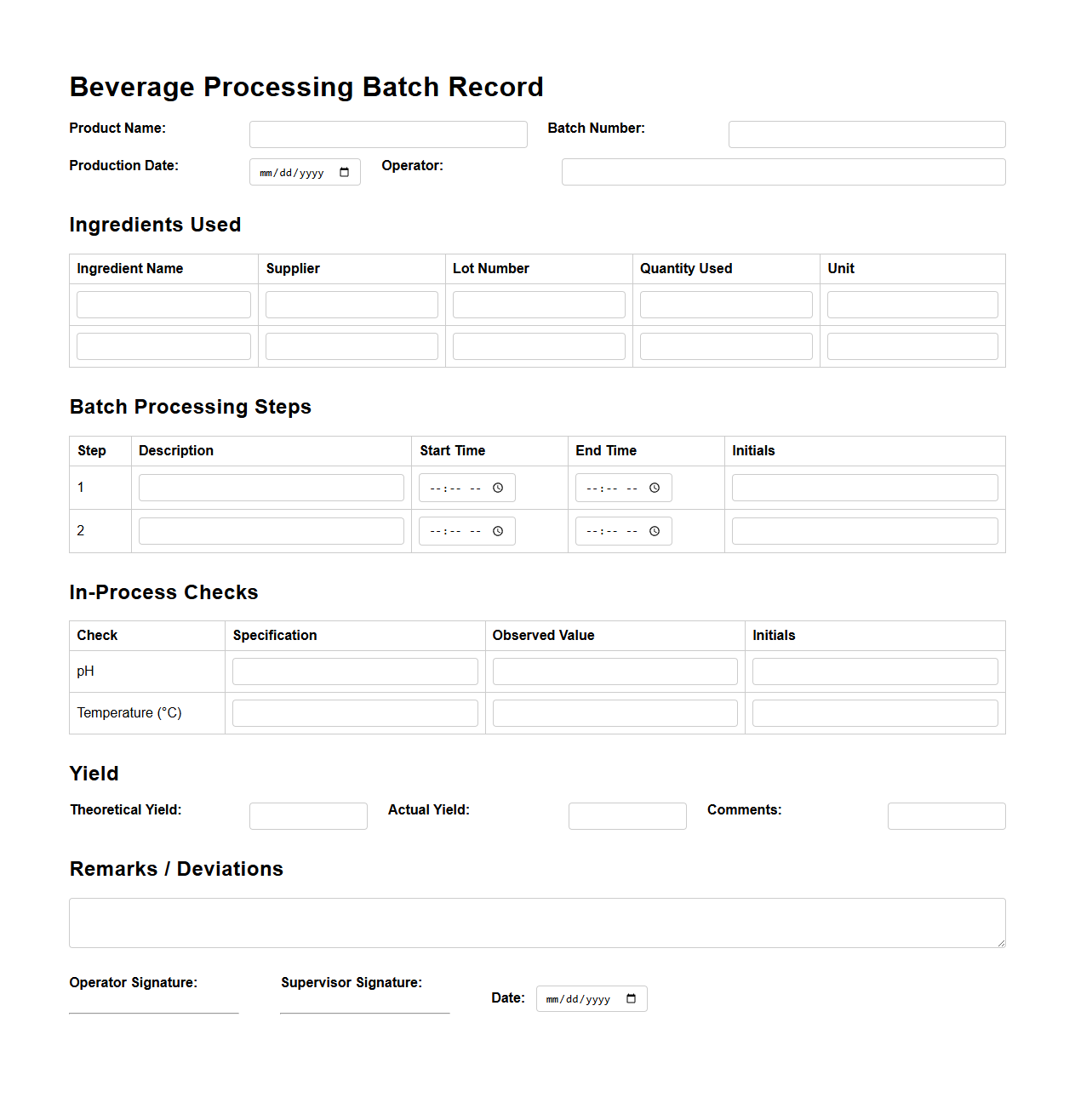 Beverage Processing Batch Record Documentation