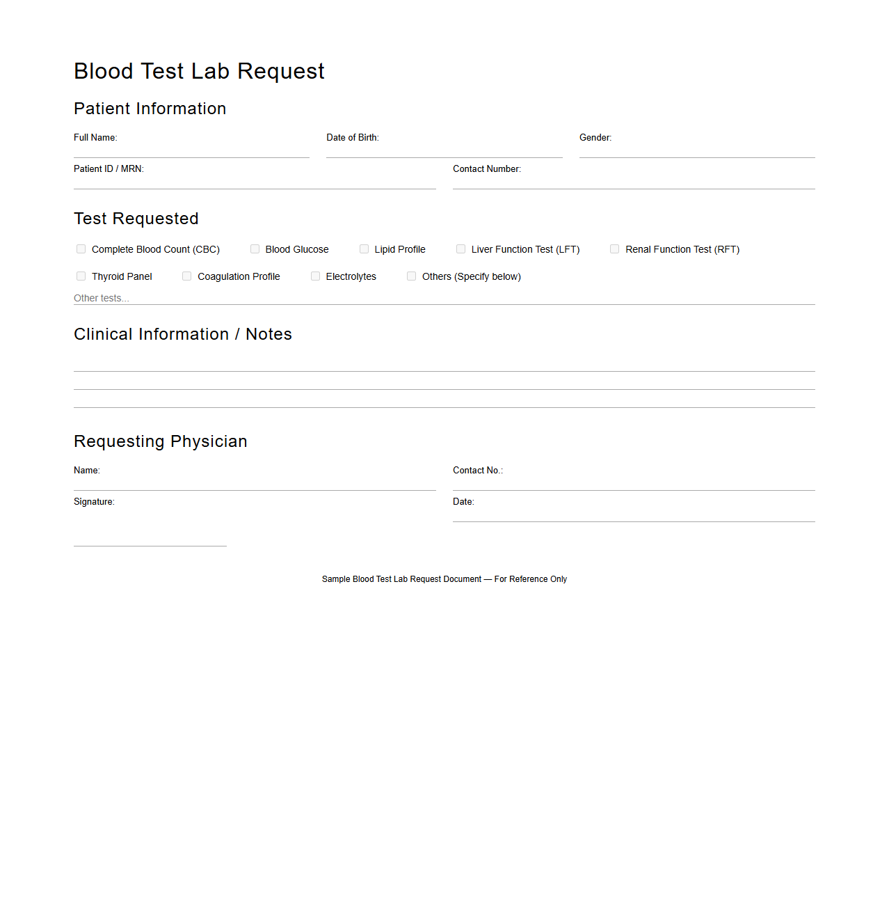 Blood Test Lab Request Document Sample