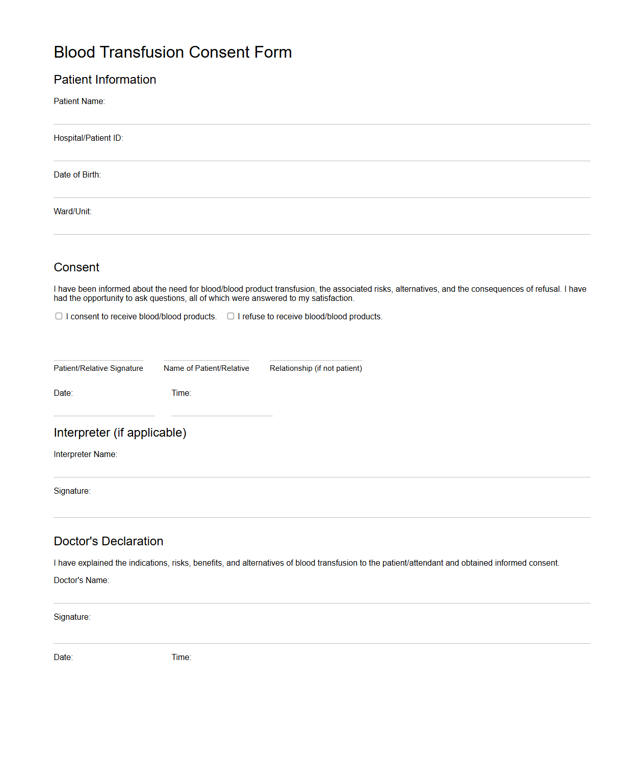 Blood Transfusion Consent Form Format