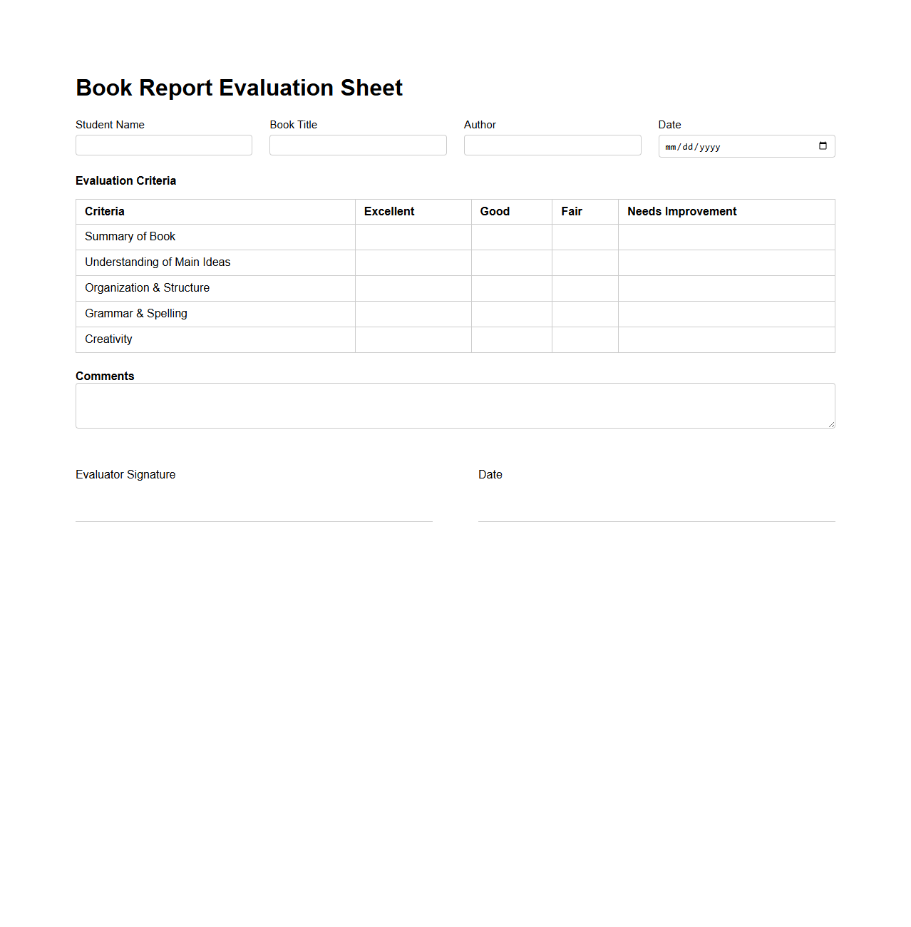 Book Report Evaluation Sheet
