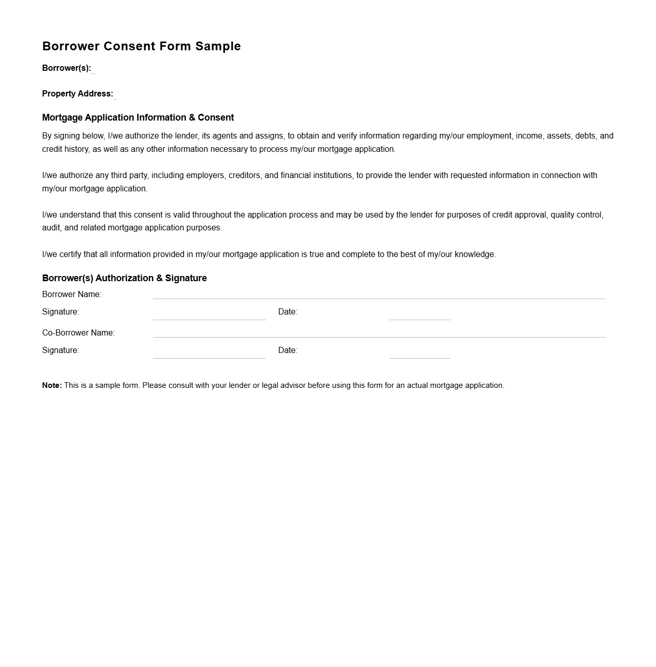 Borrower Consent Form Sample for Mortgage Application