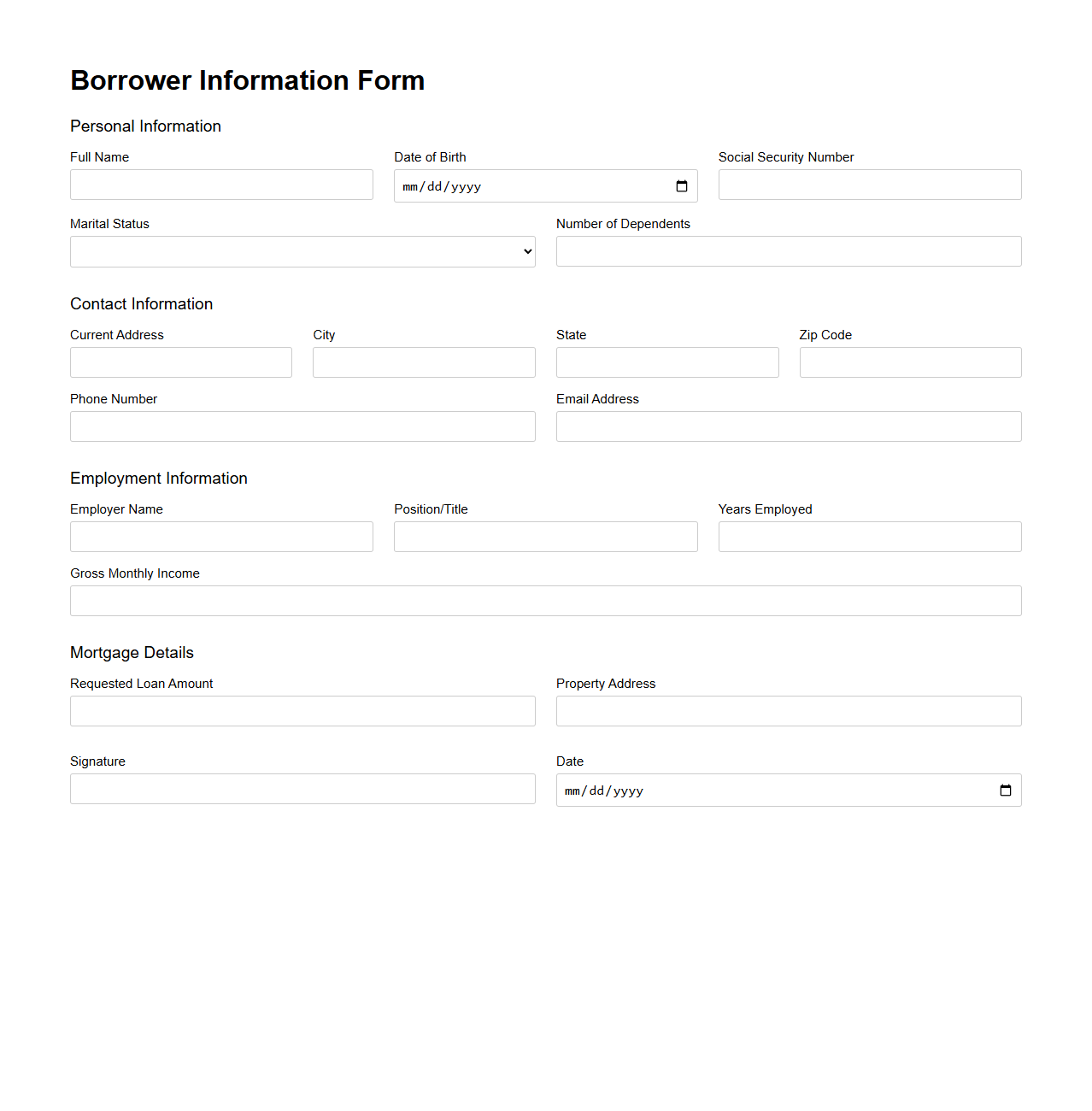 Borrower Information Form for Mortgage Application