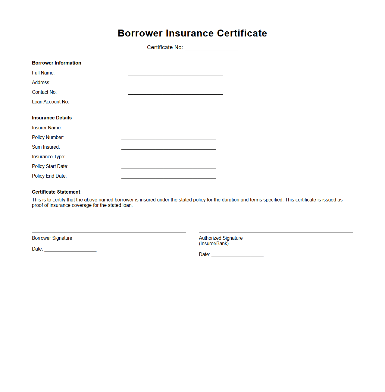 Borrower Insurance Certificate Template