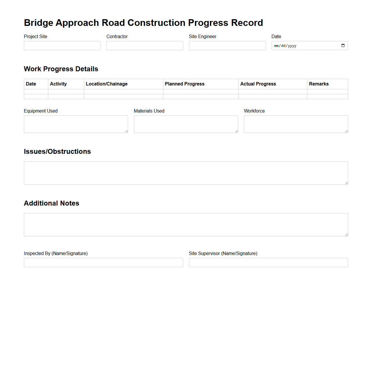 Bridge Approach Road Construction Progress Record