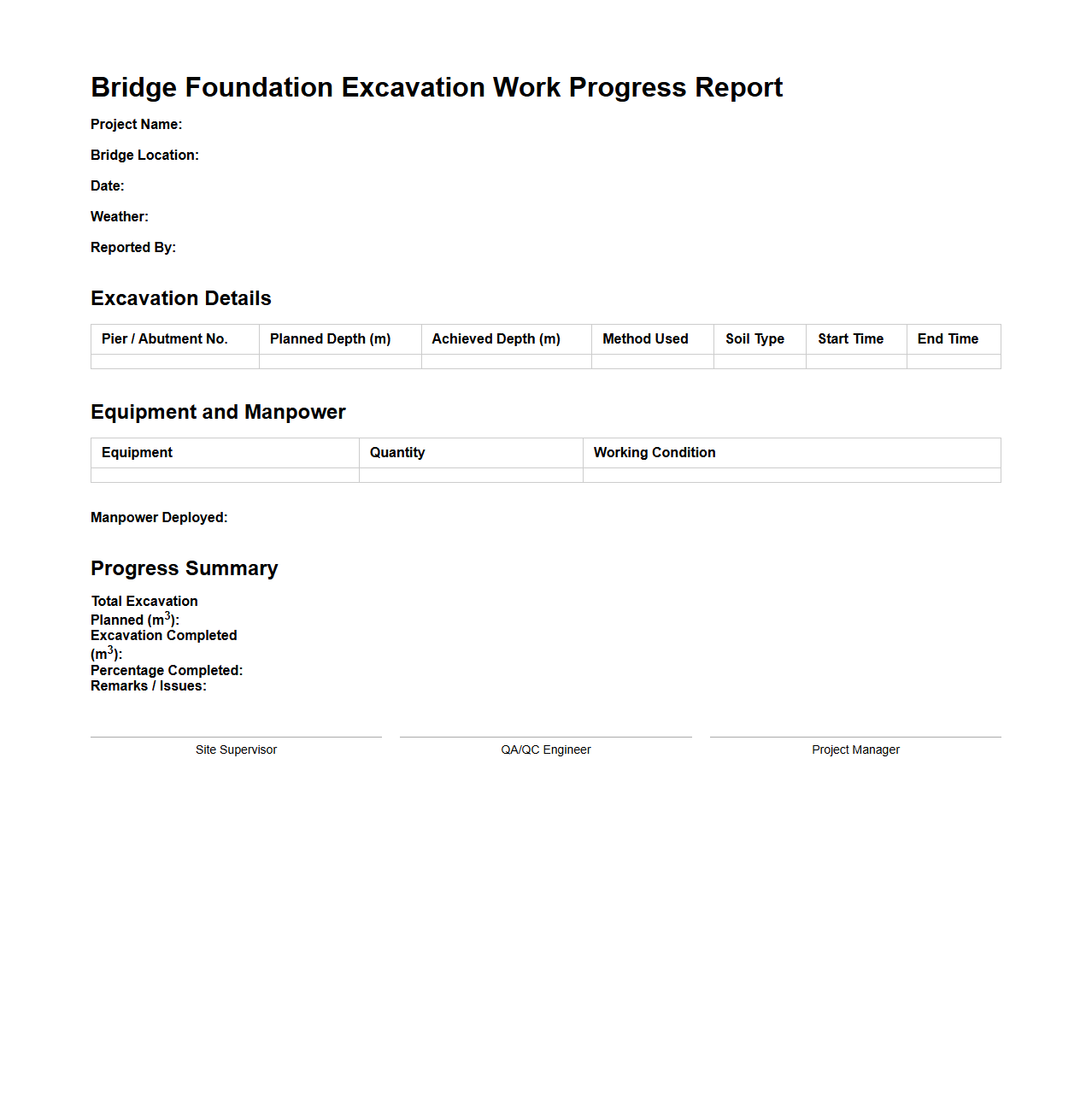 Bridge Foundation Excavation Work Progress Report