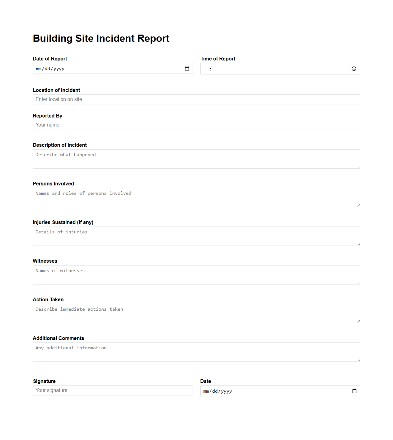 Building Site Incident Report Sample