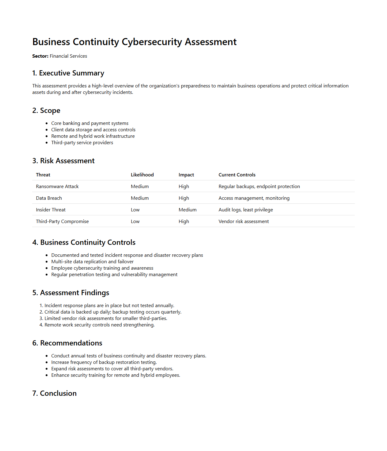 Business Continuity Cybersecurity Assessment for Financial Services