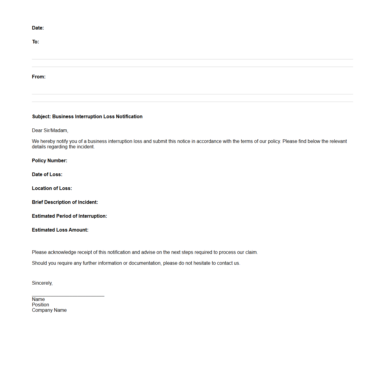 Business Interruption Loss Notification Letter Template