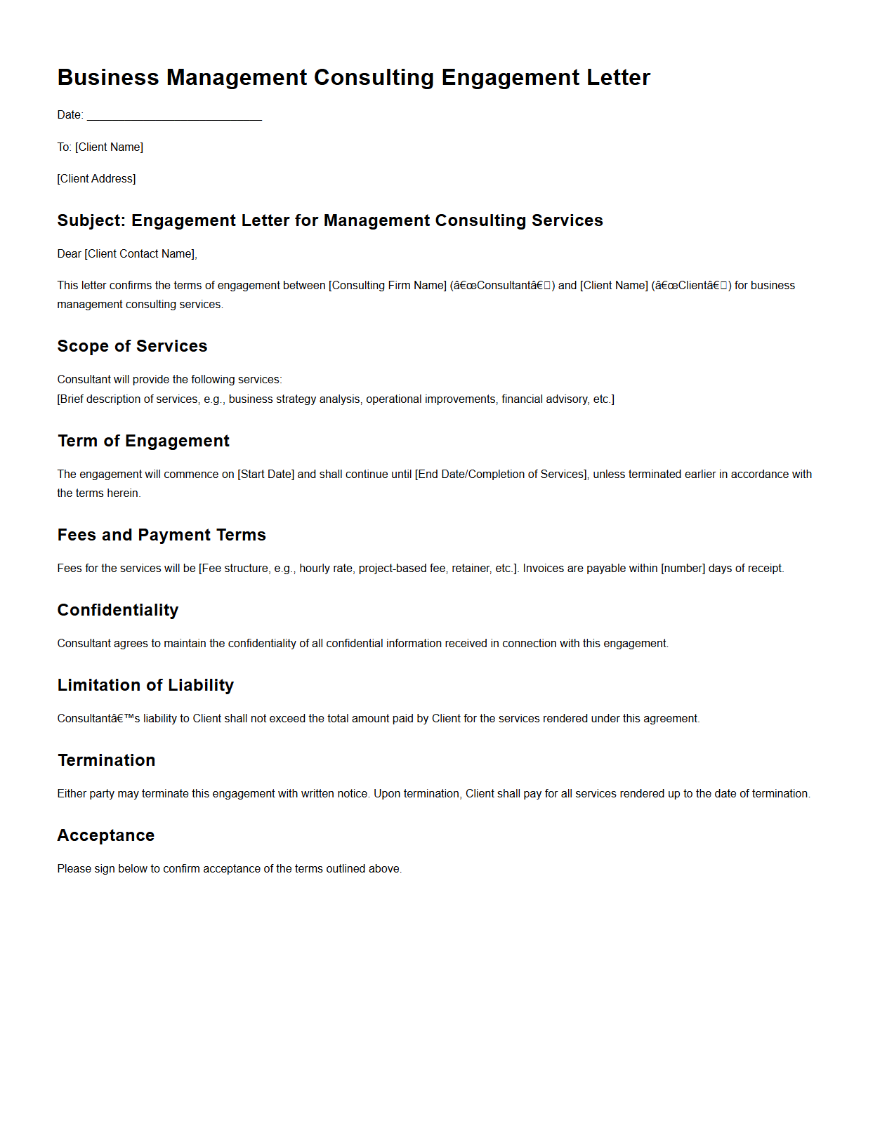 Business Management Consulting Engagement Letter Template