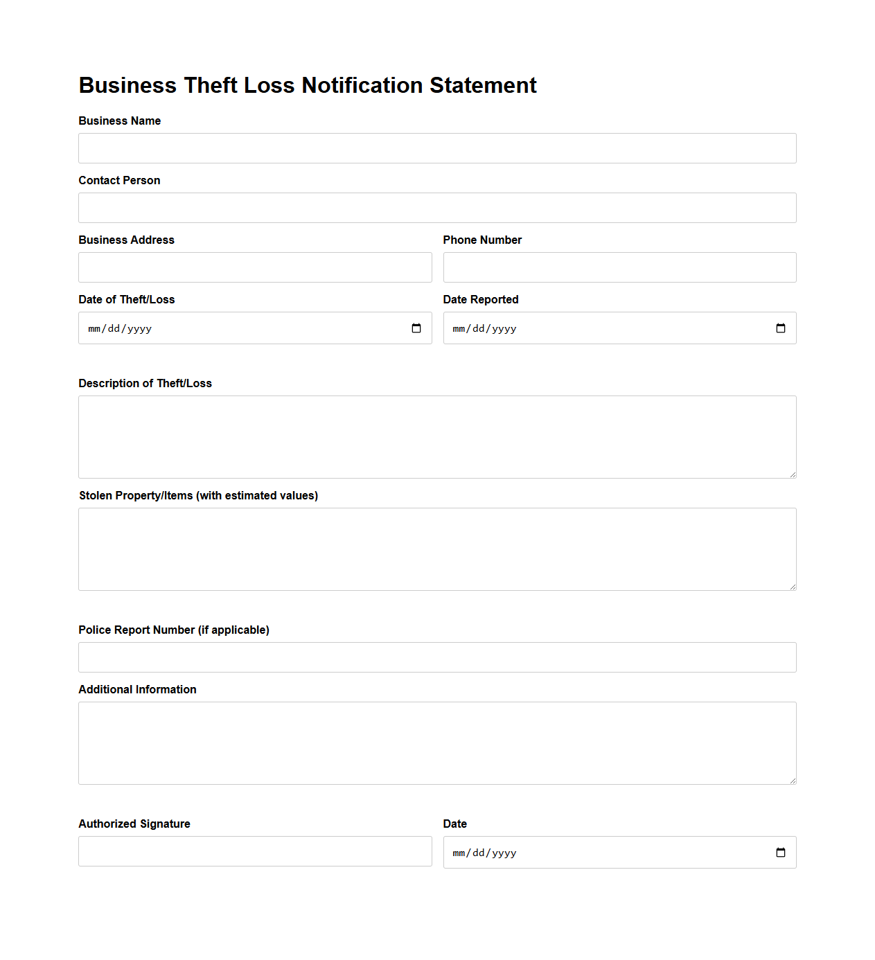 Business Theft Loss Notification Statement