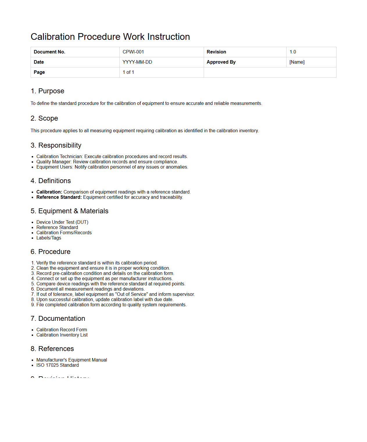 Calibration Procedure Work Instruction Sample