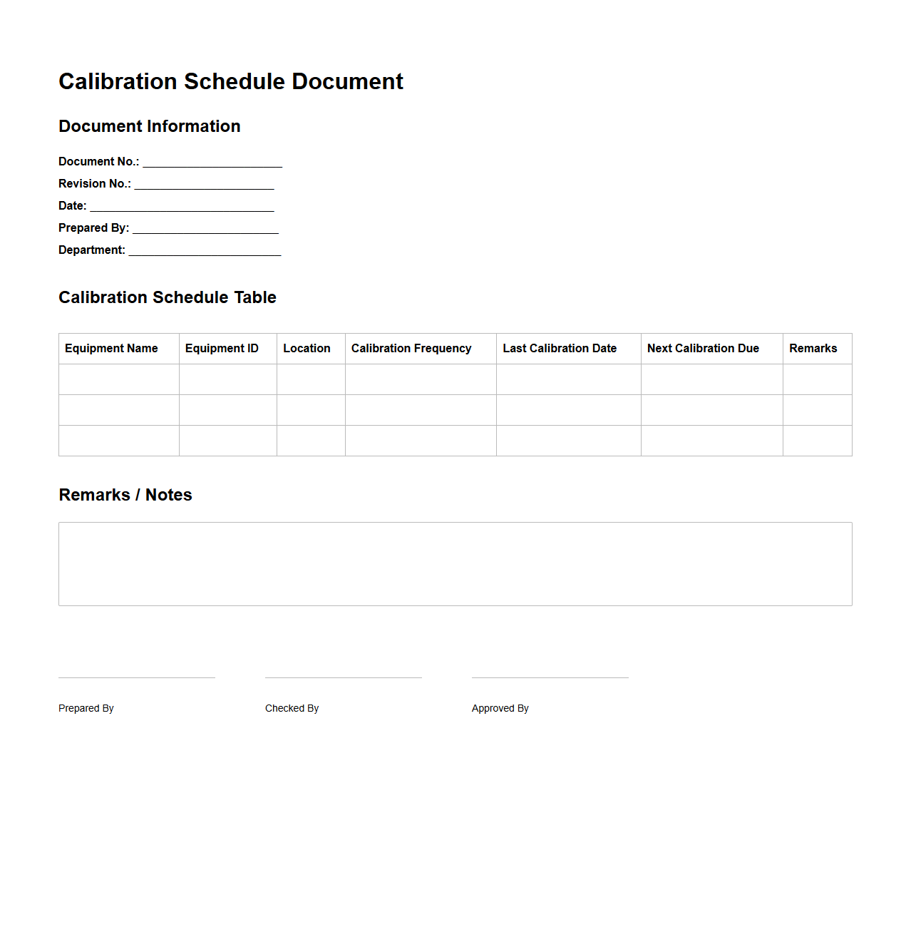 Calibration Schedule Document for Manufacturing Equipment
