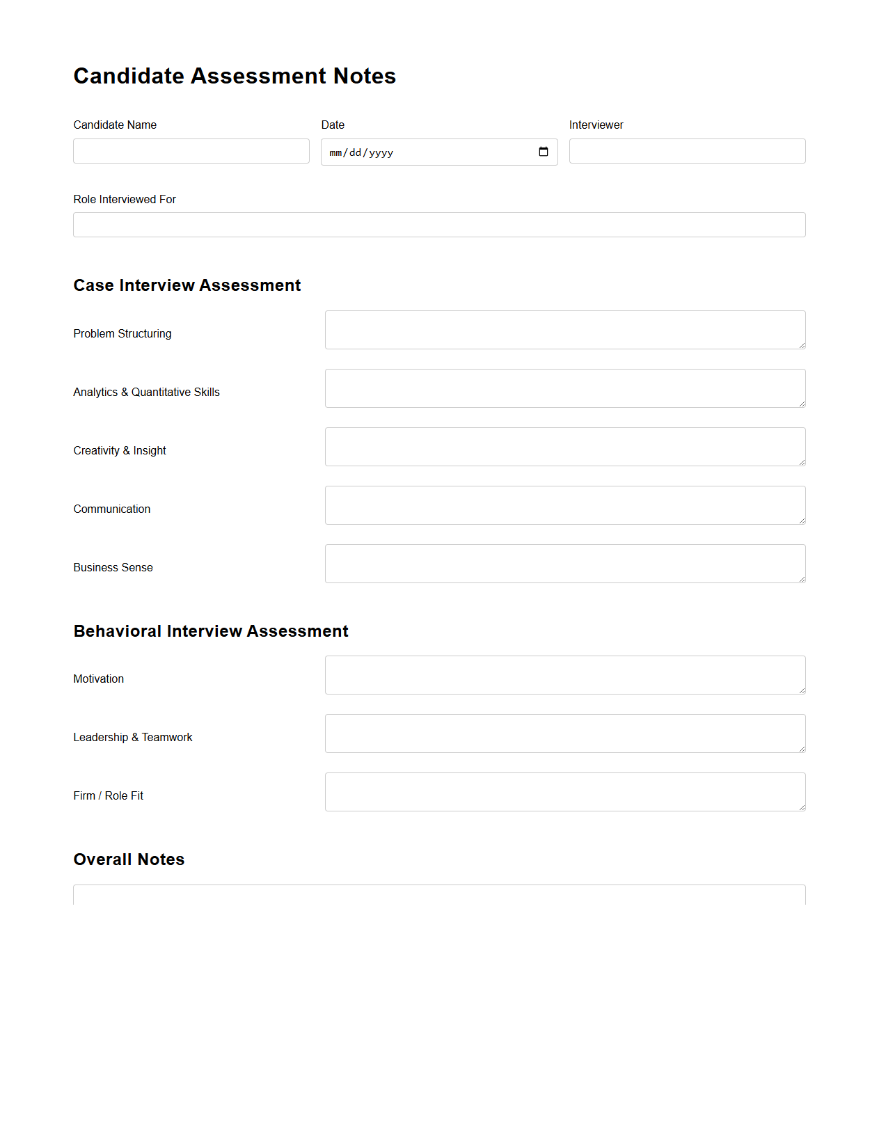 Candidate Assessment Notes for Consulting Interviews