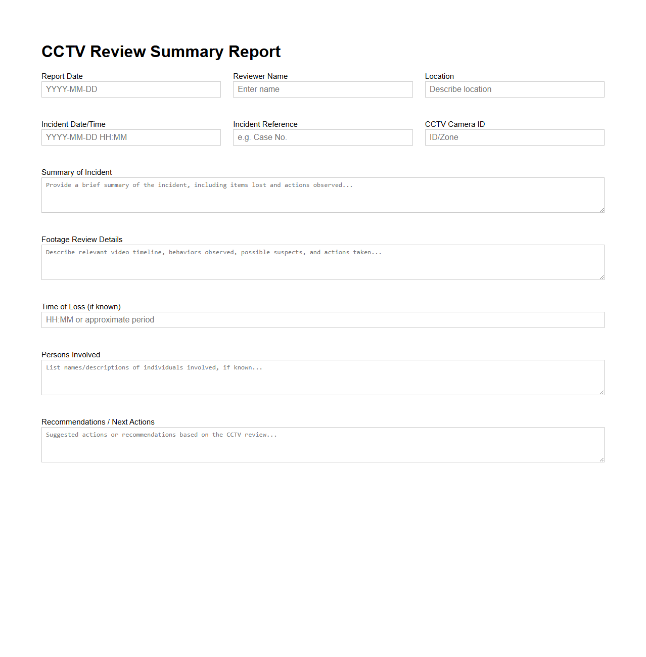 CCTV Review Summary Report for Loss Incidents